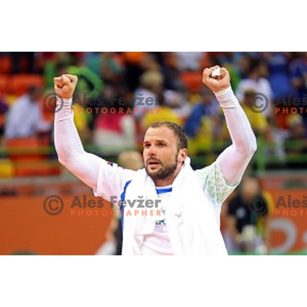 Uros Zorman of Slovenia in action during Olympic handball tournament match between Slovenia and Sweden in Barra Olympic Park at Rio de Janeiro 2016 Olympic games , Brazil on August 11 , 2016