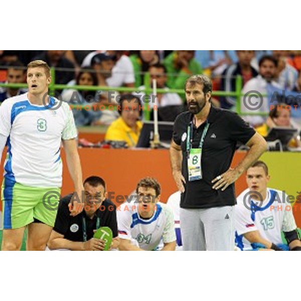 Veelin Vujovic, head coach of Slovenia in action during Olympic handball tournament match between Slovenia and Sweden in Barra Olympic Park at Rio de Janeiro 2016 Olympic games , Brasil on August 12 , 2016