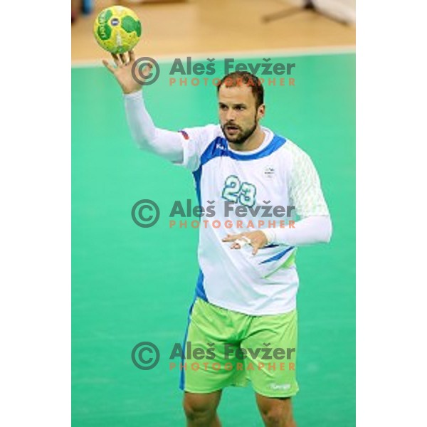 Uros Zorman of Slovenia in action during Olympic handball tournament match between Slovenia and Sweden in Barra Olympic Park at Rio de Janeiro 2016 Olympic games , Brazil on August 11 , 2016