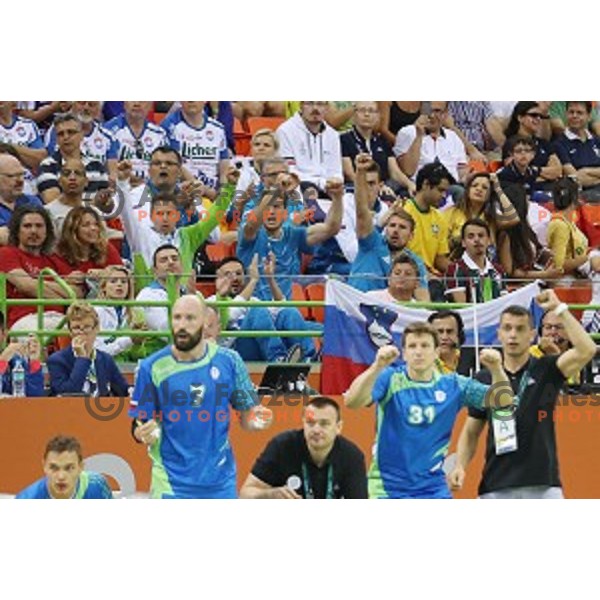 David Miklavcic, Urban Lesjak of Slovenia in action during Olympic handball tournament match between Slovenia and Germany in Barra Olympic Park at Rio de Janeiro 2016 Olympic games , Brazil on August 13 , 2016