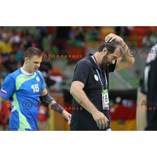 Veselin Vujovic, head coach of Slovenia in action during Olympic handball tournament match between Slovenia and Germany in Barra Olympic Park at Rio de Janeiro 2016 Olympic games , Brazil on August 13 , 2016