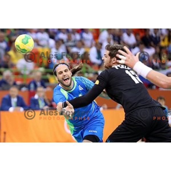 Dean Bombac of Slovenia in action during Olympic handball tournament match between Slovenia and Germany in Barra Olympic Park at Rio de Janeiro 2016 Olympic games , Brazil on August 13 , 2016