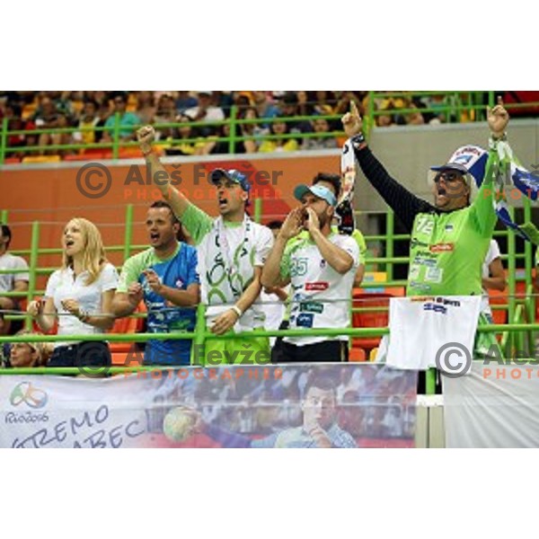 Fans of Slovenia in action during Olympic handball tournament match between Slovenia and Germany in Barra Olympic Park at Rio de Janeiro 2016 Olympic games , Brazil on August 13 , 2016