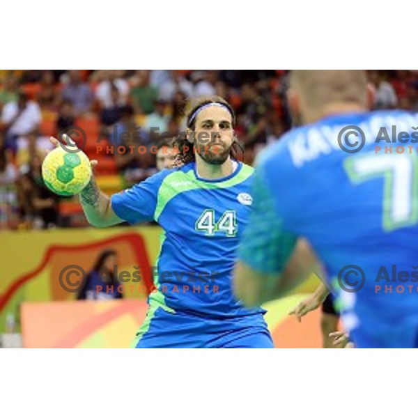 Dean Bombac of Slovenia in action during Olympic handball tournament match between Slovenia and Germany in Barra Olympic Park at Rio de Janeiro 2016 Olympic games , Brazil on August 13 , 2016