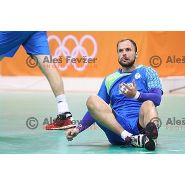 Uros Zorman of Slovenia in action during Olympic handball tournament match between Slovenia and Germany in Barra Olympic Park at Rio de Janeiro 2016 Olympic games , Brazil on August 13 , 2016