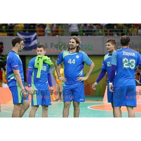 Darko Cingesar, Miha Zarabec, Dean Bombac, Marko Bezjak of Slovenia in action during Olympic handball tournament match between Slovenia and Germany in Barra Olympic Park at Rio de Janeiro 2016 Olympic games , Brazil on August 13 , 2016