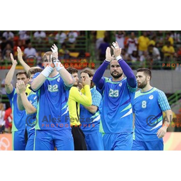 Matej Gaber, Uros Zorman of Slovenia in action during Olympic handball tournament match between Slovenia and Germany in Barra Olympic Park at Rio de Janeiro 2016 Olympic games , Brazil on August 13 , 2016