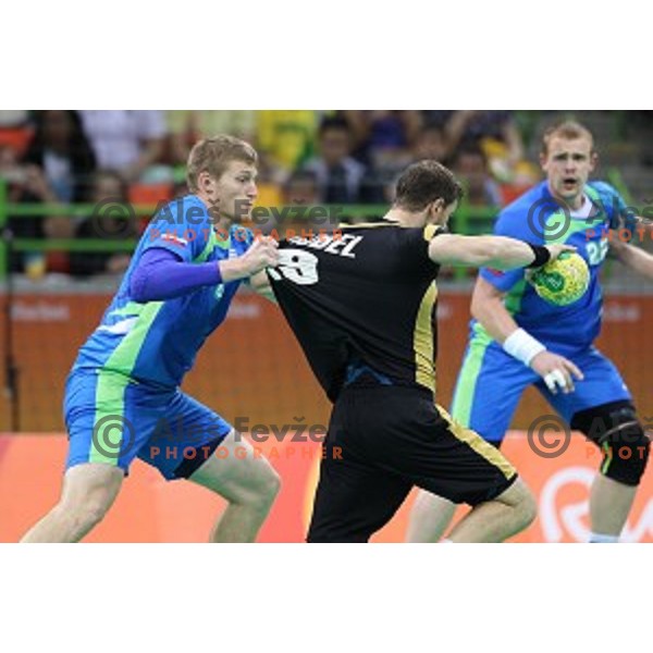 Blaz Blagotinsek of Slovenia in action during Olympic handball tournament match between Slovenia and Germany in Barra Olympic Park at Rio de Janeiro 2016 Olympic games , Brazil on August 13 , 2016