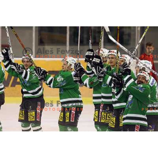 ZM Olimpija players salute fans after match ZM Olimpija- Vienna Capitals in 4th round of EBEL league played in Ljubljana, Slovenia on 30.9.2007. ZM Olimpija won after penalty shot-out 4:3. Photo by Ales Fevzer 