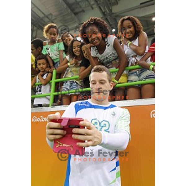 Miha Zarabec of Slovenia in action during Olympic handball tournament match between Slovenia and Poland in Barra Olympic Park at Rio de Janeiro 2016 Olympic games , Brazil on August 15 , 2016