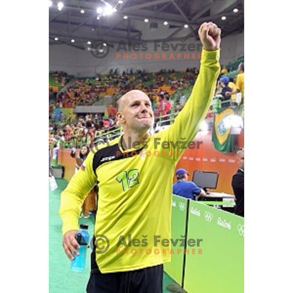 Gorazd Skof of Slovenia in action during Olympic handball tournament match between Slovenia and Poland in Barra Olympic Park at Rio de Janeiro 2016 Olympic games , Brazil on August 15 , 2016