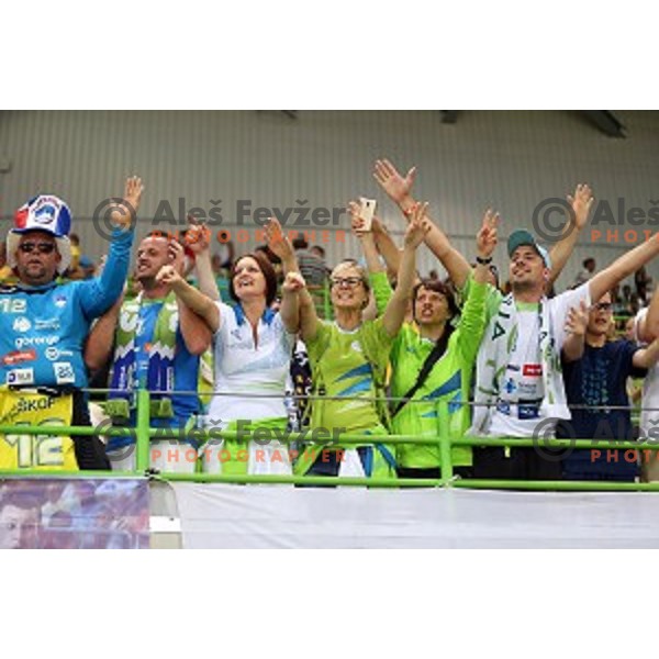 Fans of Slovenia in action during Olympic handball tournament match between Slovenia and Poland in Barra Olympic Park at Rio de Janeiro 2016 Olympic games , Brazil on August 15 , 2016