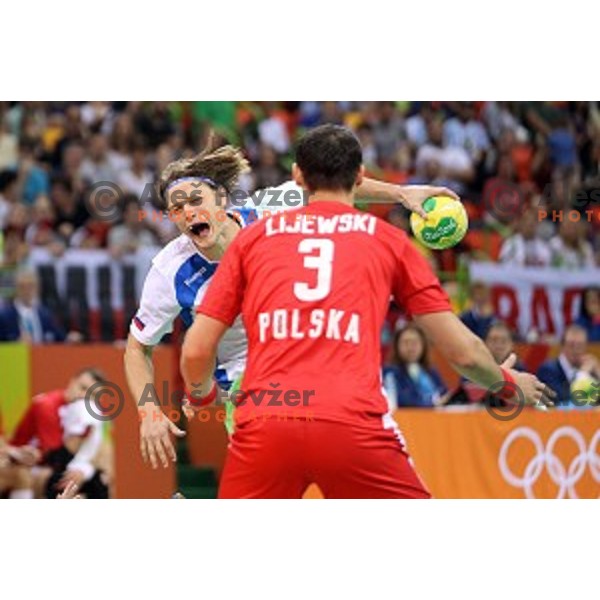 Jure Dolenec of Slovenia in action during Olympic handball tournament match between Slovenia and Poland in Barra Olympic Park at Rio de Janeiro 2016 Olympic games , Brazil on August 15 , 2016