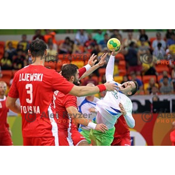 Miha Zarabec of Slovenia in action during Olympic handball tournament match between Slovenia and Poland in Barra Olympic Park at Rio de Janeiro 2016 Olympic games , Brazil on August 15 , 2016