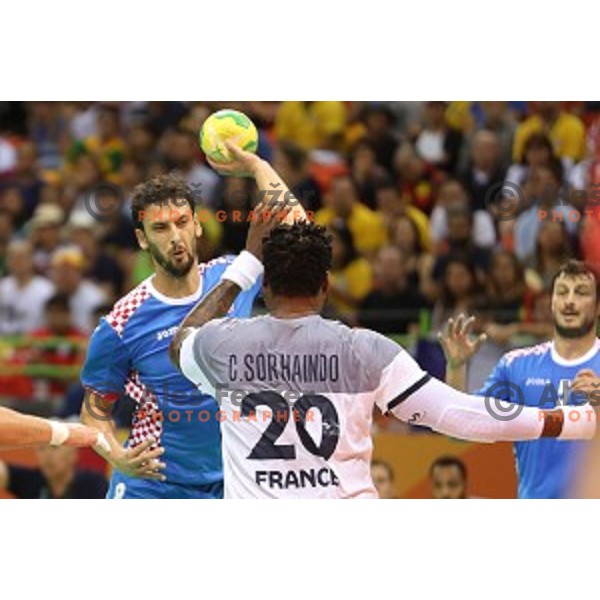 action during Olympic handball tournament match between France and Croatia in Barra Olympic Park at Rio de Janeiro 2016 Olympic games , Brazil on August 13 , 2016