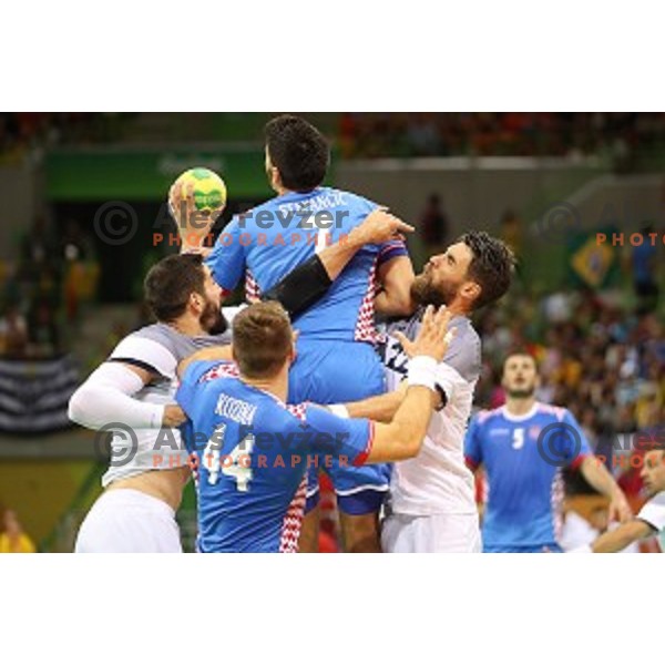 action during Olympic handball tournament match between France and Croatia in Barra Olympic Park at Rio de Janeiro 2016 Olympic games , Brazil on August 13 , 2016