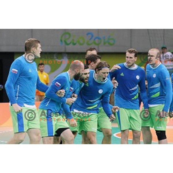 Blaz Janc, Jure Dolenec, David Miklavcic, Matej Gaber of Slovenia in action during quarter-final of Olympic handball tournament match between Slovenia and Denmark in Barra Olympic Park at Rio de Janeiro 2016 Olympic games , Brazil on August 17 , 2016