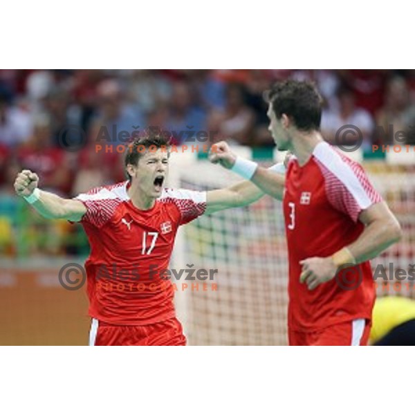 Lasse Swan of Denmark in action during quarter-final of Olympic handball tournament match between Slovenia and Denmark in Barra Olympic Park at Rio de Janeiro 2016 Olympic games , Brazil on August 17 , 2016