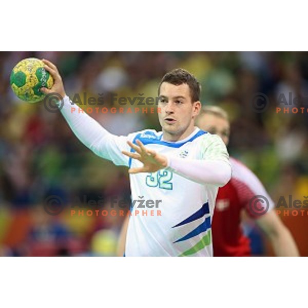 Miha Zarabec of Slovenia in action during quarter-final of Olympic handball tournament match between Slovenia and Denmark in Barra Olympic Park at Rio de Janeiro 2016 Olympic games , Brazil on August 17 , 2016