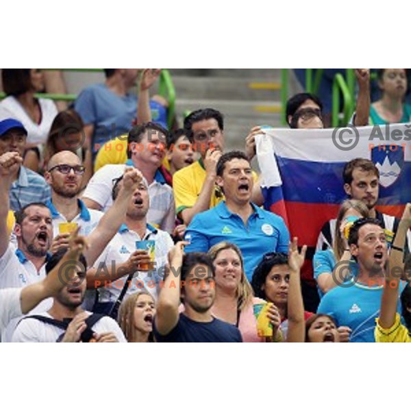 Miha Margon, Vasilij Zbogar cheering during quarter-final of Olympic handball tournament match between Slovenia and Denmark in Barra Olympic Park at Rio de Janeiro 2016 Olympic games , Brazil on August 17 , 2016