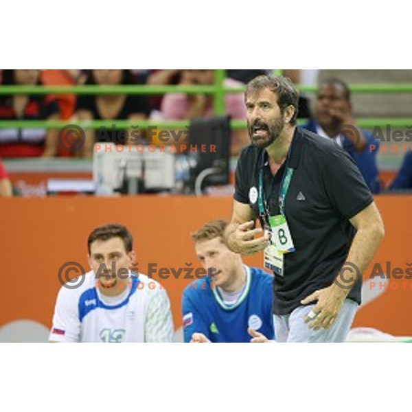 Veselin Vujovic, head coach of Slovenia in action during quarter-final of Olympic handball tournament match between Slovenia and Denmark in Barra Olympic Park at Rio de Janeiro 2016 Olympic games , Brazil on August 17 , 2016