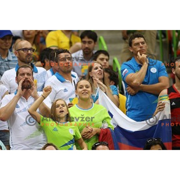 Miha Margon, Vasilij Zbogar cheering during quarter-final of Olympic handball tournament match between Slovenia and Denmark in Barra Olympic Park at Rio de Janeiro 2016 Olympic games , Brazil on August 17 , 2016