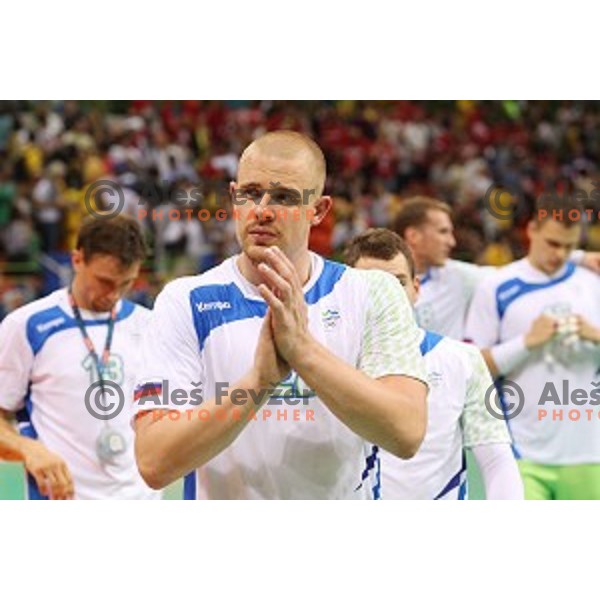 Matej Gaber of Slovenia in action during quarter-final of Olympic handball tournament match between Slovenia and Denmark in Barra Olympic Park at Rio de Janeiro 2016 Olympic games , Brazil on August 17 , 2016