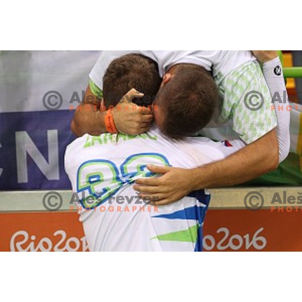 Miha Zarabec of Slovenia in action during quarter-final of Olympic handball tournament match between Slovenia and Denmark in Barra Olympic Park at Rio de Janeiro 2016 Olympic games , Brazil on August 17 , 2016