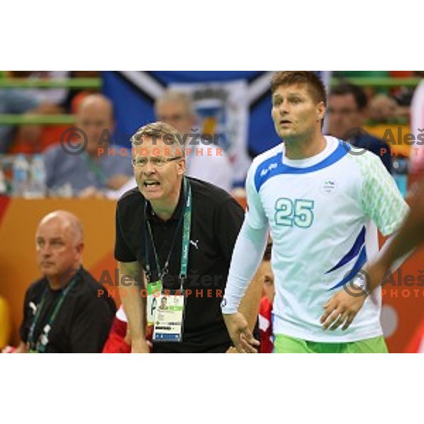 of Slovenia in action during quarter-final of Olympic handball tournament match between Slovenia and Denmark in Barra Olympic Park at Rio de Janeiro 2016 Olympic games , Brazil on August 17 , 2016