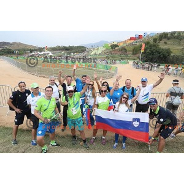 Fans of Slovenia at Women\'s Cross-Country race at Deodoro Mountain Bike Centre during Rio de Janeiro 2016 Olympic games , Brazil on August 20 , 2016