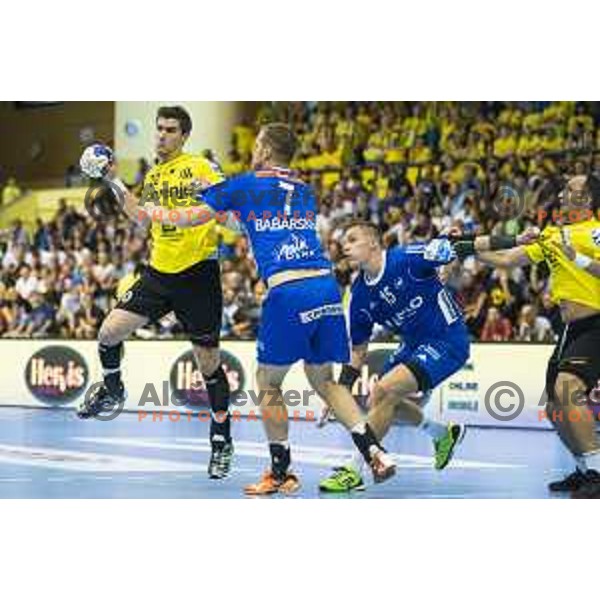 Gorenje’s centre back Luka Mitrovic (20) in action during the handball match of SEHA League between Gorenje Velenje and Celje pivovarna Lasko in Red Hall, Velenje, September 7, 2016