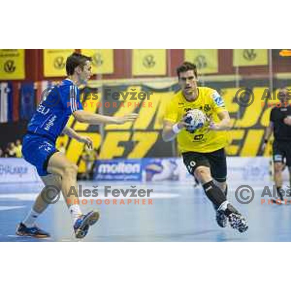 Gorenje’s centre back Luka Mitrovic (20) in action during the handball match of SEHA League between Gorenje Velenje and Celje pivovarna Lasko in Red Hall, Velenje, September 7, 2016