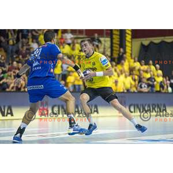 Gorenje’s right back Nejc Cehte (3) in action during the handball match of SEHA League between Gorenje Velenje and Celje pivovarna Lasko in Red Hall, Velenje, September 7, 2016