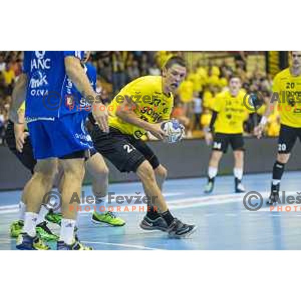 Gorenje’s right wing Rok Golcar (23) in action during the handball match of SEHA League between Gorenje Velenje and Celje pivovarna Lasko in Red Hall, Velenje, September 7, 2016