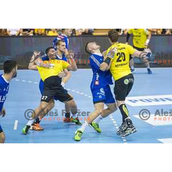 Gorenje’s centre back Luka Mitrovic (20) and Celje’s line player Vid Poteko (15) in action during the handball match of SEHA League between Gorenje Velenje and Celje pivovarna Lasko in Red Hall, Velenje, September 7, 2016