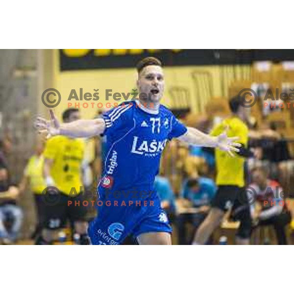 Celje’s left wing Luka Zvizej (77) in action during the handball match of SEHA League between Gorenje Velenje and Celje pivovarna Lasko in Red Hall, Velenje, September 7, 2016