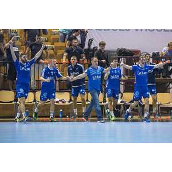 Celje pivovarna Lasko\'s bench in action during the handball match of SEHA League between Gorenje Velenje and Celje pivovarna Lasko in Red Hall, Velenje, September 7, 2016