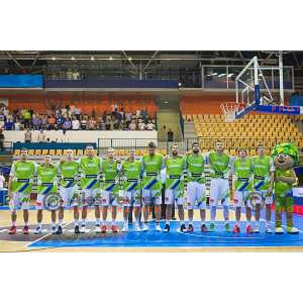 Team Slovenia during national anthem prior to basketball match between Slovenia and Ukraine, 3rd match in group E qualifications for Eurobasket 2017, played in Zlatorog Arena, Celje, Slovenia on September 7, 2016