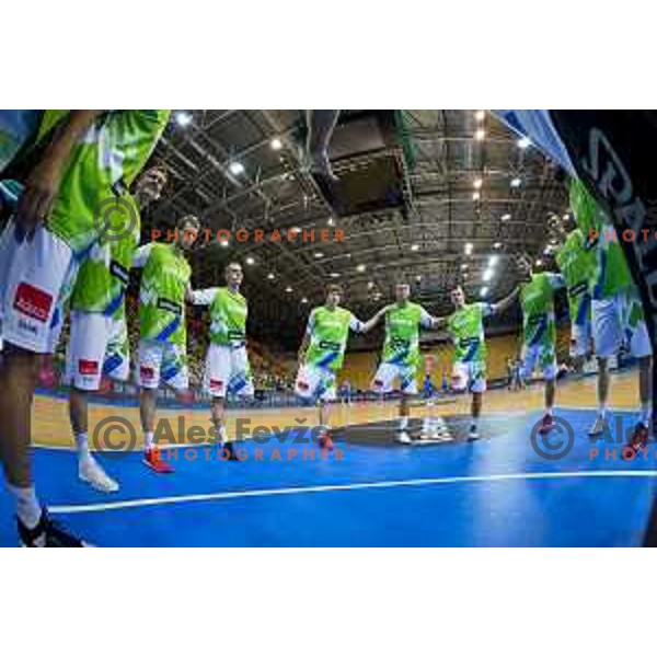 Players of team Slovenia in action prior to basketball match between Slovenia and Ukraine, 3rd match in group E qualifications for Eurobasket 2017, played in Zlatorog Arena, Celje, Slovenia on September 7, 2016