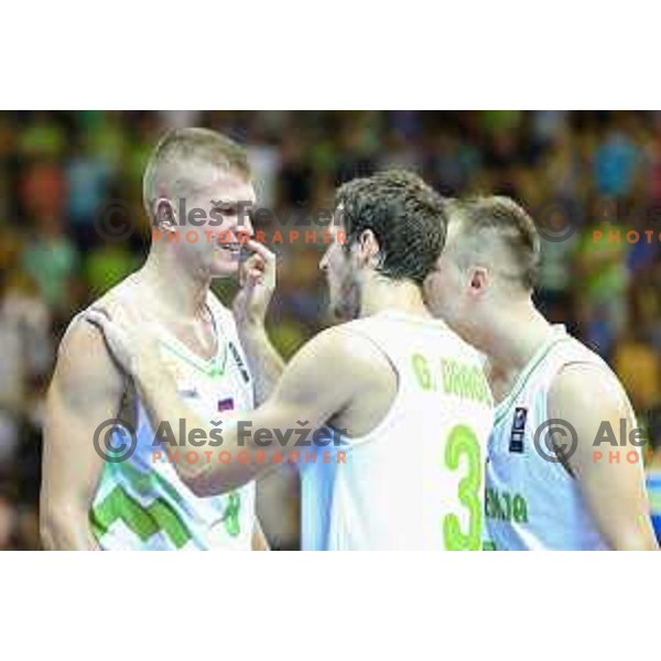 Edo Muric and Goran Dragic of team Slovenia in action during basketball match between Slovenia and Ukraine, 3rd match in group E qualifications for Eurobasket 2017, played in Zlatorog Arena, Celje, Slovenia on September 7, 2016