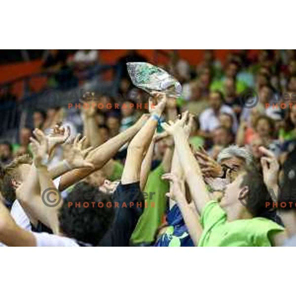 Fans of team Slovenia and Lipko doll during basketball match between Slovenia and Ukraine, 3rd match in group E qualifications for Eurobasket 2017, played in Zlatorog Arena, Celje, Slovenia on September 7, 2016
