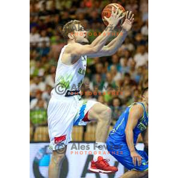 Jaka Blazic of team Slovenia in action during basketball match between Slovenia and Ukraine, 3rd match in group E qualifications for Eurobasket 2017, played in Zlatorog Arena, Celje, Slovenia on September 7, 2016