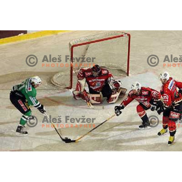 Avgustincic in front of goalie Kristan at Ice-hockey game ZM Olimpija-Acroni Jesenice in EBEL league played in Ljubljana,Slovenia 7.10.2007. Photo by Ales Fevzer 