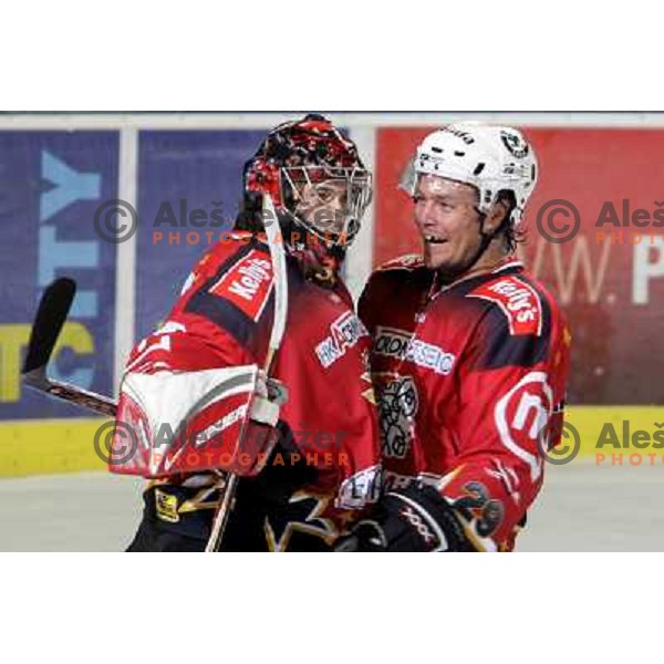 Kristan and Matthiasson celebrate victry at Ice-hockey game ZM Olimpija-Acroni Jesenice in EBEL league played in Ljubljana,Slovenia 7.10.2007. Photo by Ales Fevzer 