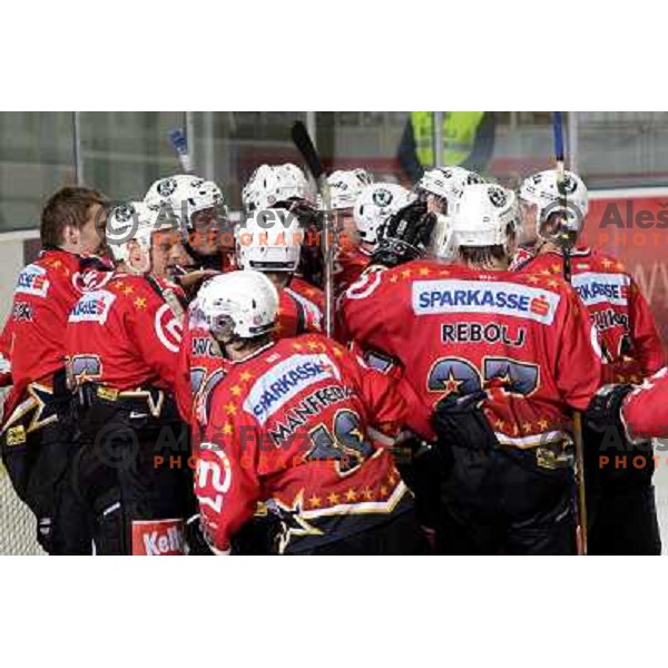 Jesenice players celebrate victory at Ice-hockey game ZM Olimpija-Acroni Jesenice in EBEL league played in Ljubljana,Slovenia 7.10.2007. Photo by Ales Fevzer 