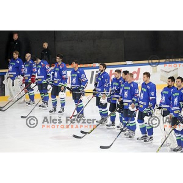Team of Slovenia in action during friendly ice-hockey match between Slovenia and Italy in Bled Ice hall, Slovenia on August 29, 2016