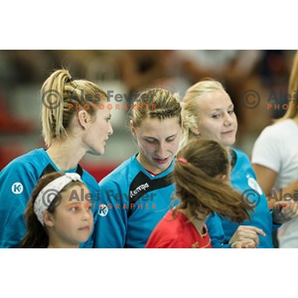 Aneta Benko, Tamara Georgijev in action during Handball match Krim - Ioventa Mihalovce, EHF Champions league qualifying, Kodeljevo, Ljubljana, Slovenia, 10.09.2016