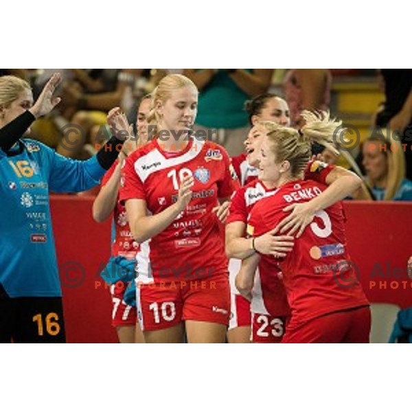 Laura Hrncic, Polona Baric, Aneta Benko, in action during Handball match Krim - Ioventa Mihalovce, EHF Champions league qualifying, Kodeljevo, Ljubljana, Slovenia, 10.09.2016