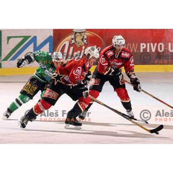 Vnuk, Varl and Kranjc at Ice-hockey game ZM Olimpija-Acroni Jesenice in EBEL league played in Ljubljana,Slovenia 7.10.2007. Photo by Ales Fevzer 