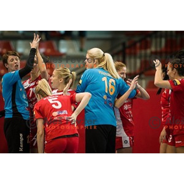 Krim players in action during Handball match Krim - Ioventa Mihalovce, EHF Champions league qualifying, Kodeljevo, Ljubljana, Slovenia, 10.09.2016